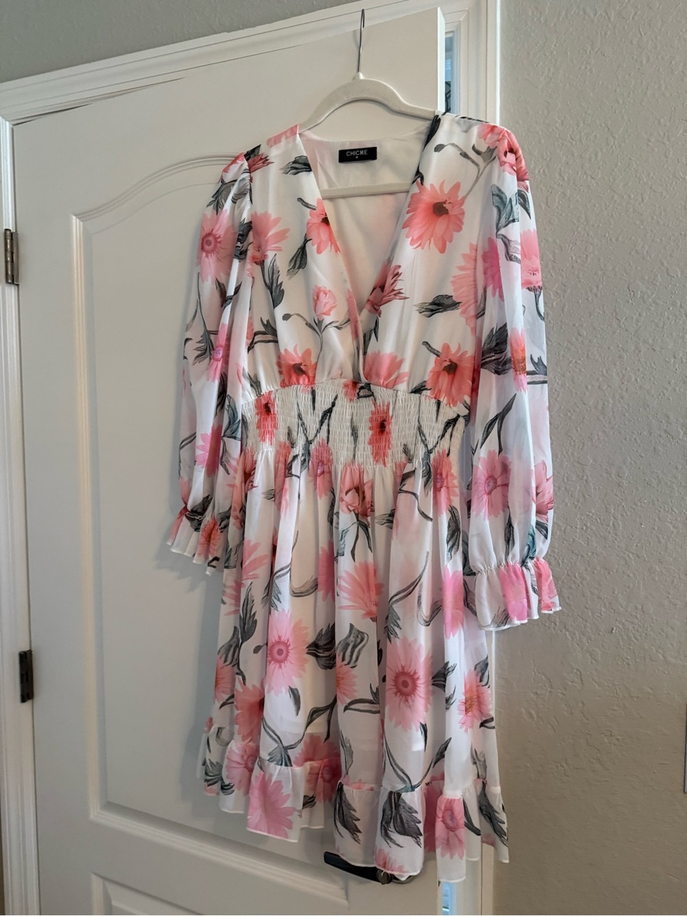 ChicMe Pink Floral V-Neck Smocked Waist Dress